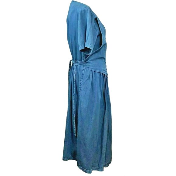 Vintage 80s Denim Chambray Dress L Beaded Vest Faded Tie Back Maxi Cottage Core - Picture 7 of 9